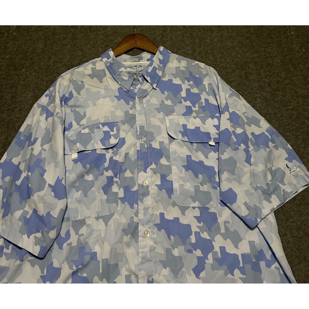Old tejas button up shirt short sleeve camouflage blue size 2XL outdoors vented